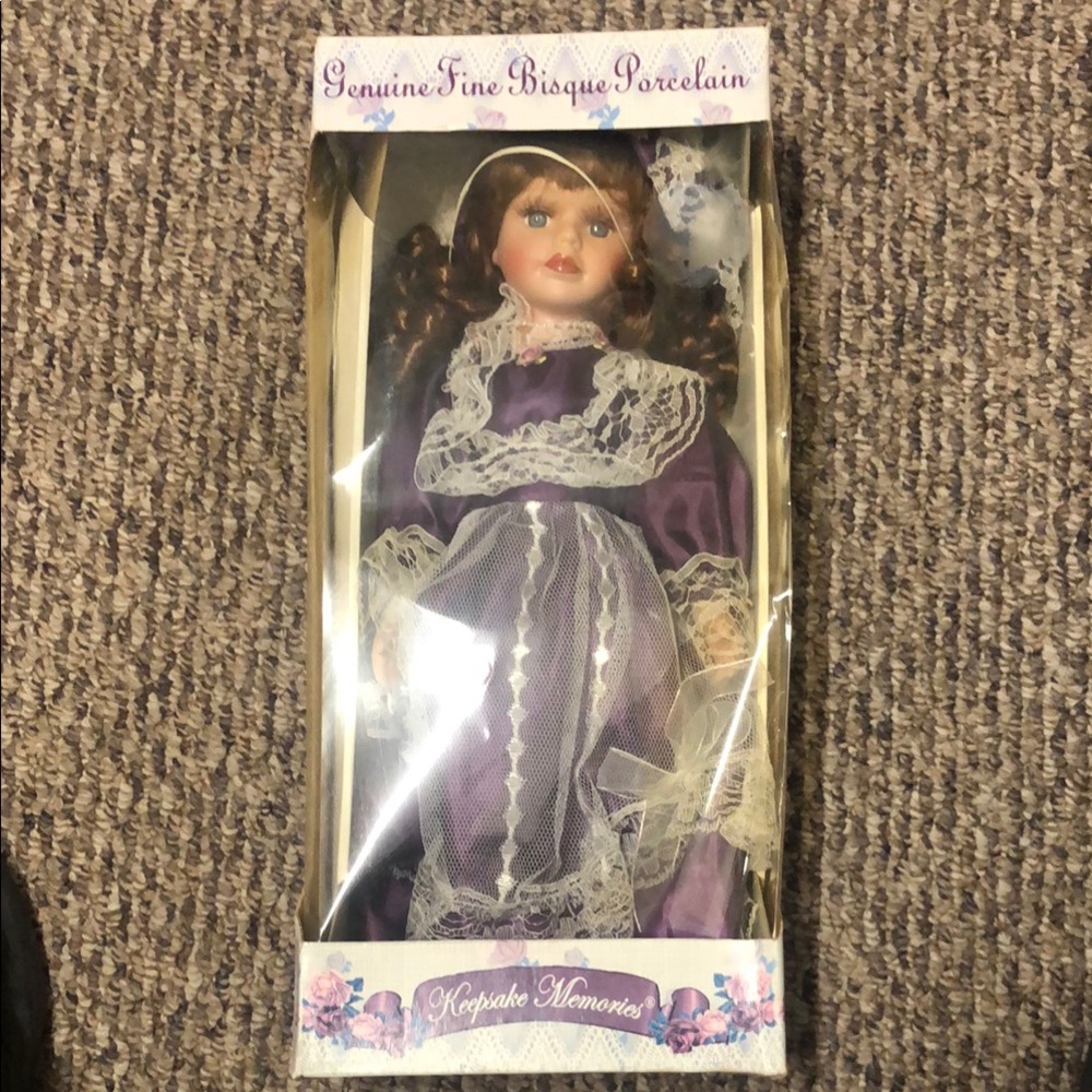 Genuine Fine Bisque Porcelain Victorian Style Doll in Purple and White